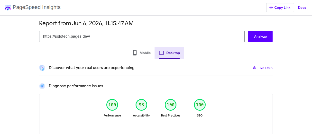 Solo Tech Solutions — Desktop — PageSpeed score