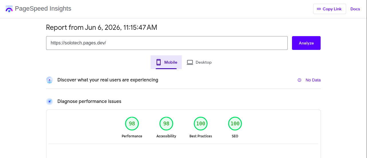 Solo Tech Solutions — Mobile — PageSpeed score